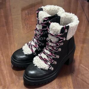 Women’s US 6 Faux Shearling-Lined Combat Moto Lug Boots Lace Up Zipper Black